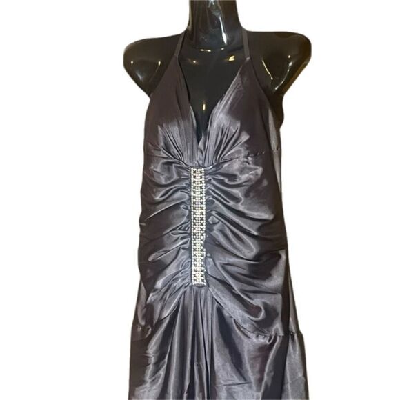 Jessica McClintock Gunmetal Vintage Halter Jeweled Detail Gown Sz12 - Picture 3 of 8